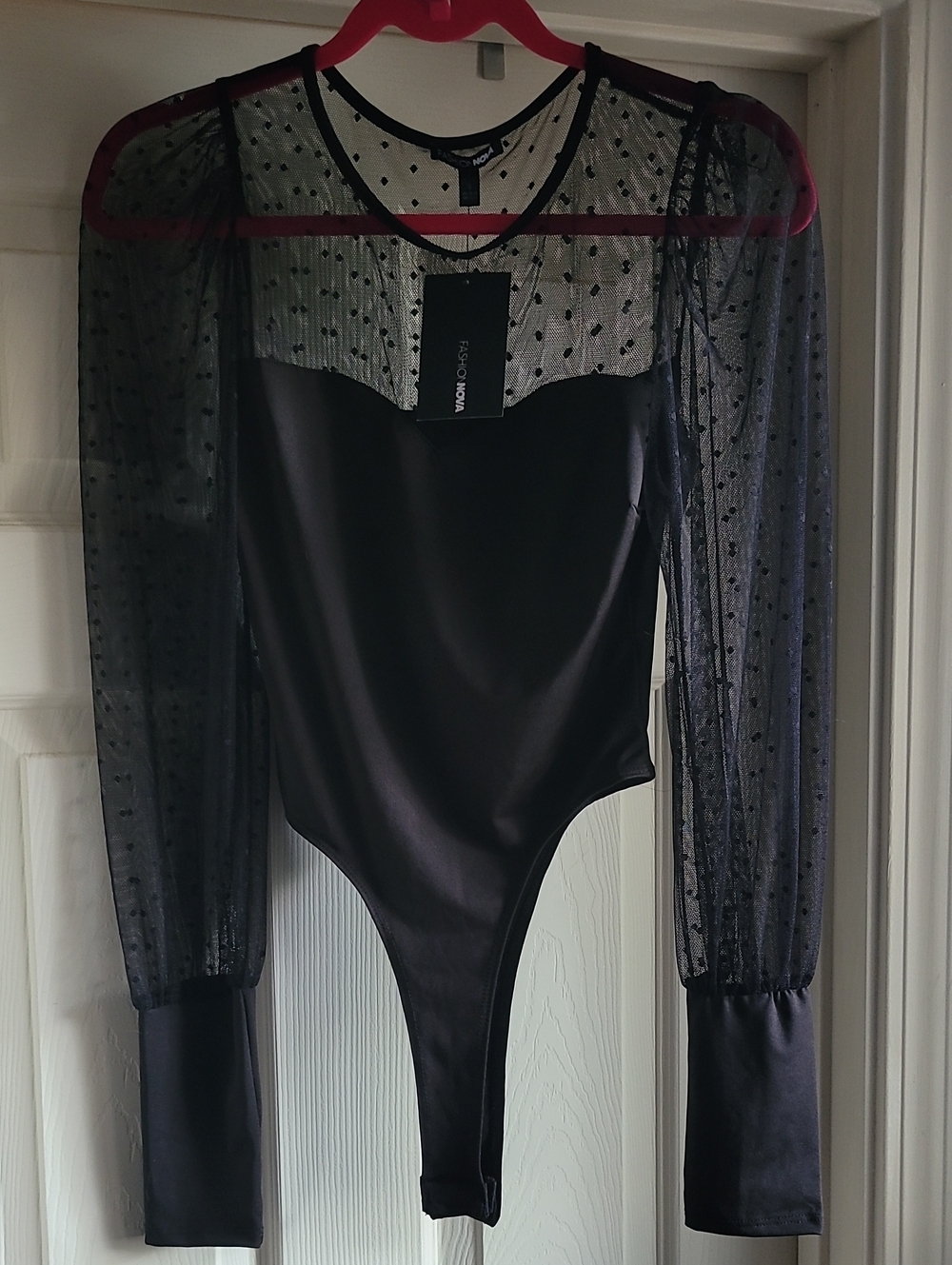 Fashion Nova Black Sheer Dot Long-Sleeve Bodysuit Size S NEW WITH TAG, SEXY!